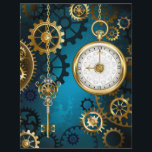 Steampunk turquoise Background with Gears Letterhead<br><div class="desc">Turquoise,  textured,  steampunk background with brass and gold gears,  a silver key and the clock. Steampunk style.</div>