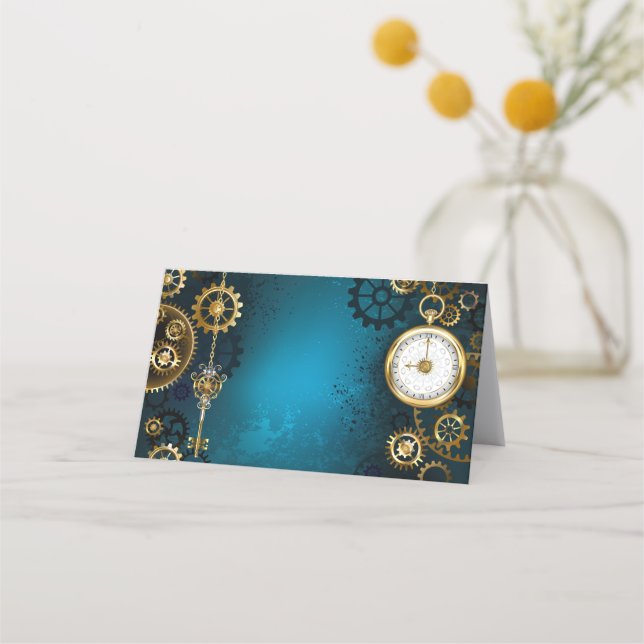 Steampunk turquoise Background with Gears Loyalty Card (Front)