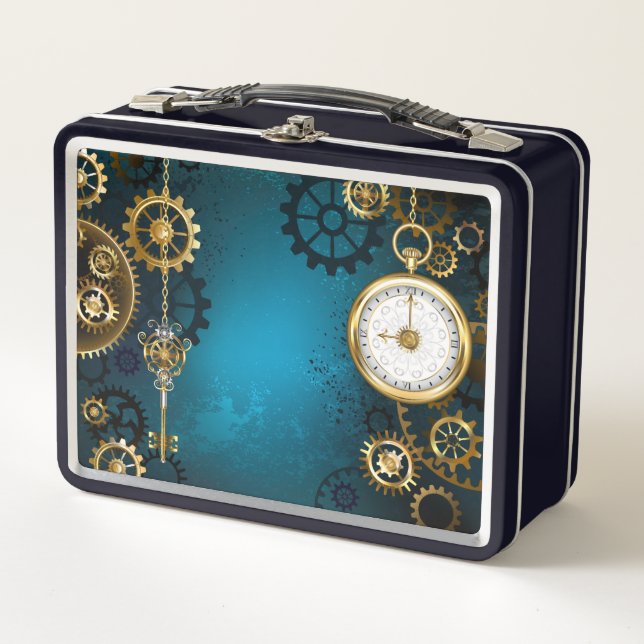 Steampunk turquoise Background with Gears Metal Lunch Box (Front)