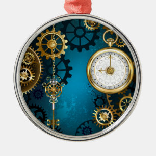 Steampunk turquoise Background with Gears Metal Ornament
