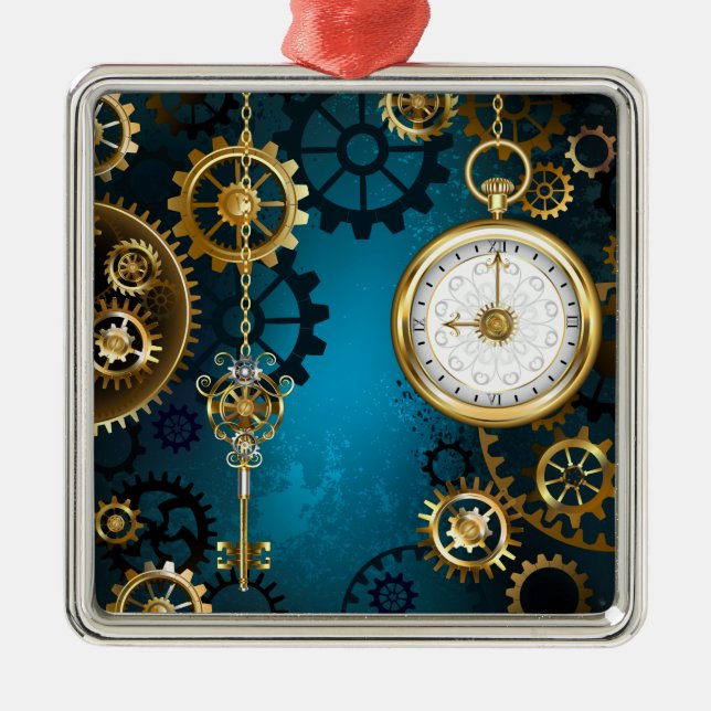 Steampunk turquoise Background with Gears Metal Ornament (Front)