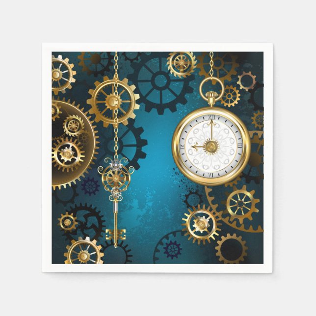 Steampunk turquoise Background with Gears Napkin (Front)