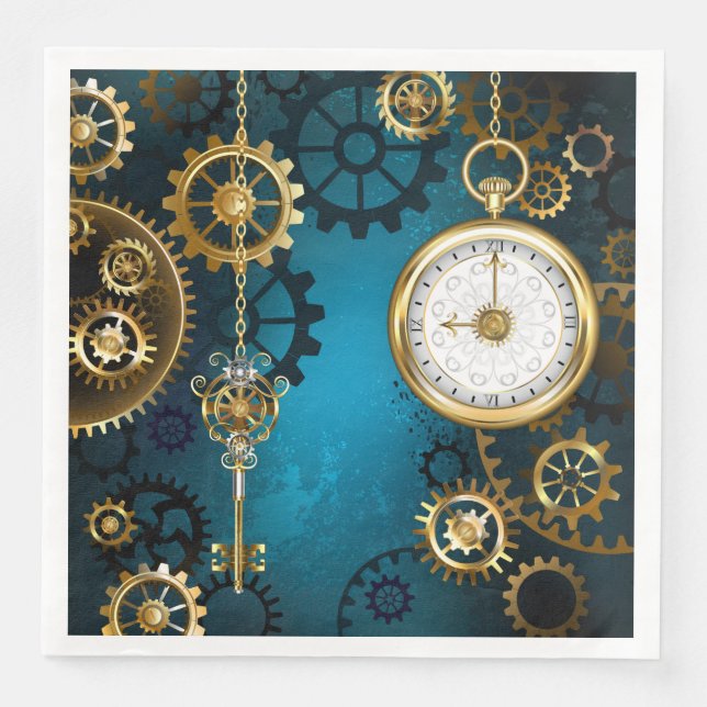 Steampunk turquoise Background with Gears Napkin (Front)