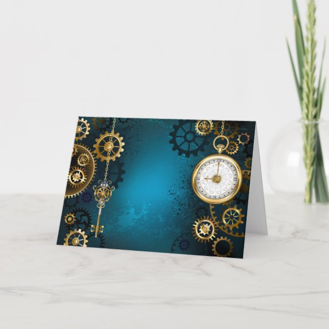 Steampunk turquoise Background with Gears Note Card (Front)