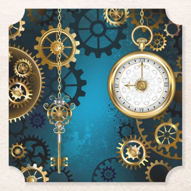 Steampunk turquoise Background with Gears Paper Coaster (Front)