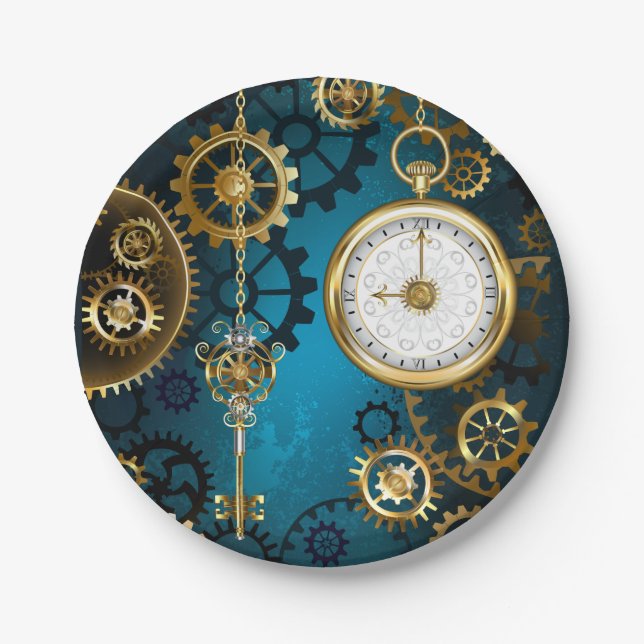 Steampunk turquoise Background with Gears Paper Plate (Front)