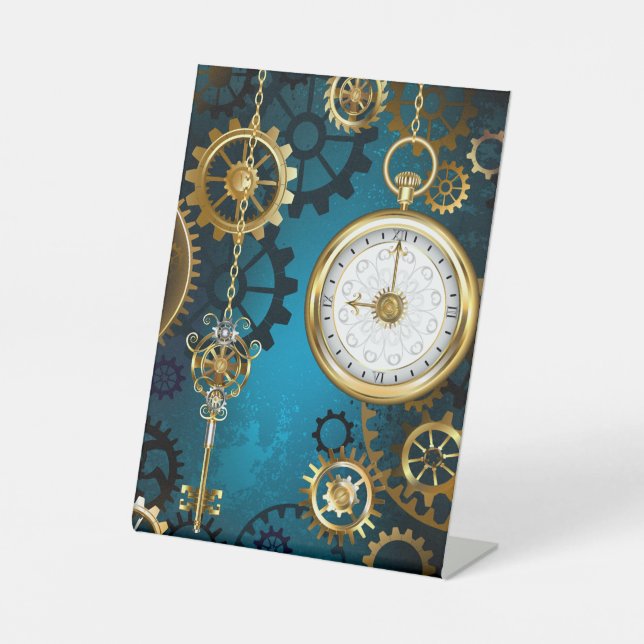 Steampunk turquoise Background with Gears Pedestal Sign (Front)