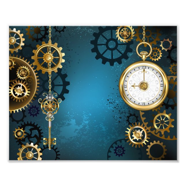 Steampunk turquoise Background with Gears Photo Print (Front)