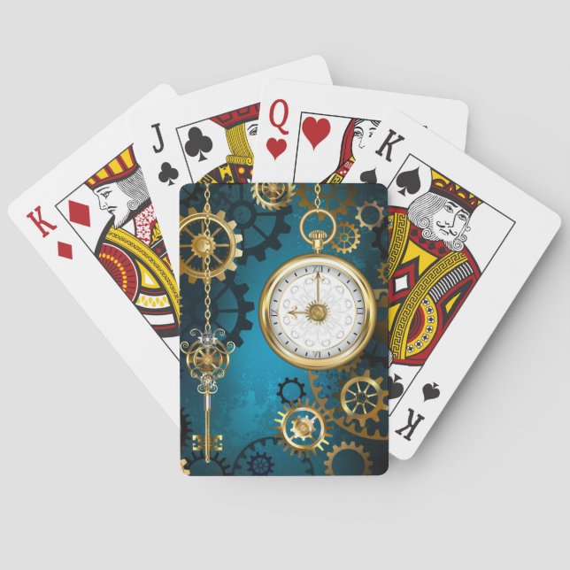 Steampunk turquoise Background with Gears Playing Cards (Back)