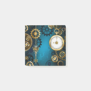 Steampunk turquoise Background with Gears Post-it Notes