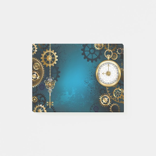 Steampunk turquoise Background with Gears Post-it Notes (Front)