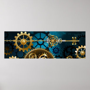 Steampunk turquoise Background with Gears Poster