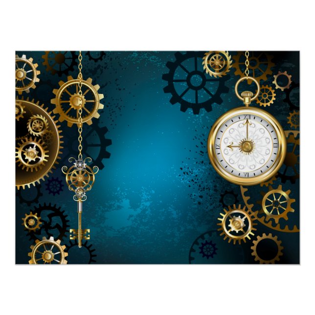 Steampunk turquoise Background with Gears Poster (Front)