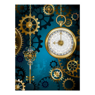 Steampunk turquoise Background with Gears Poster