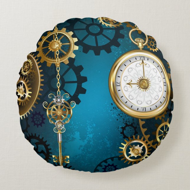 Steampunk turquoise Background with Gears Round Pillow (Front)