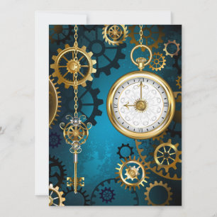 Steampunk turquoise Background with Gears Save The Date