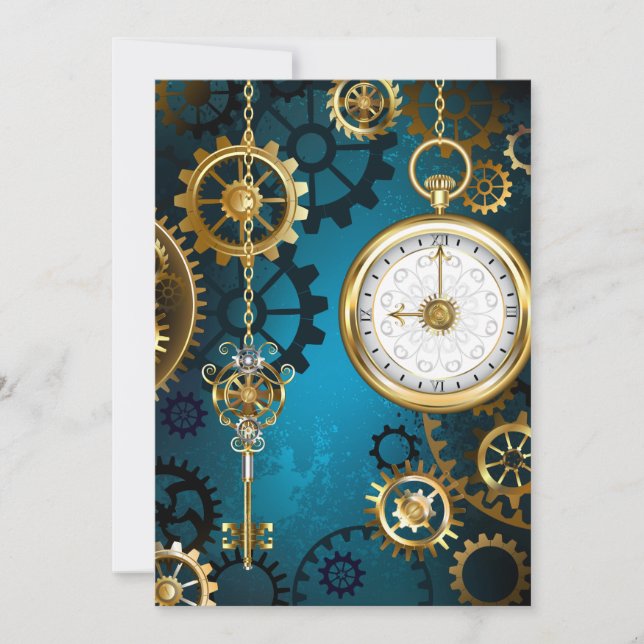 Steampunk turquoise Background with Gears Save The Date (Front)