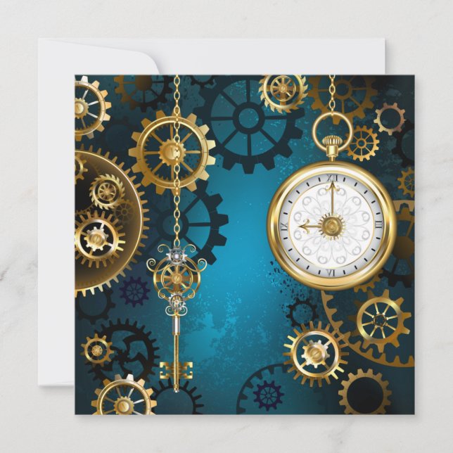 Steampunk turquoise Background with Gears Save The Date (Front)