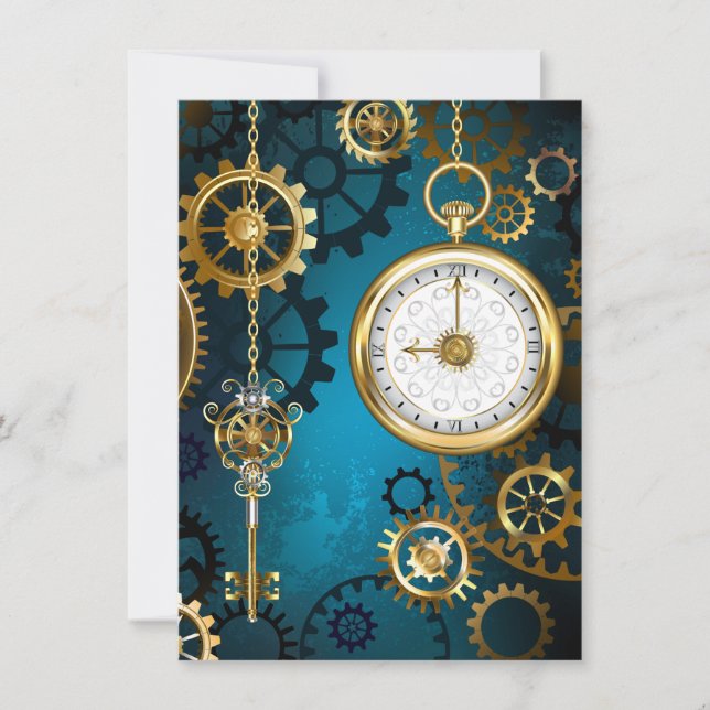 Steampunk turquoise Background with Gears Save The Date (Front)