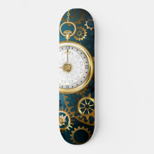 Steampunk turquoise Background with Gears Skateboard