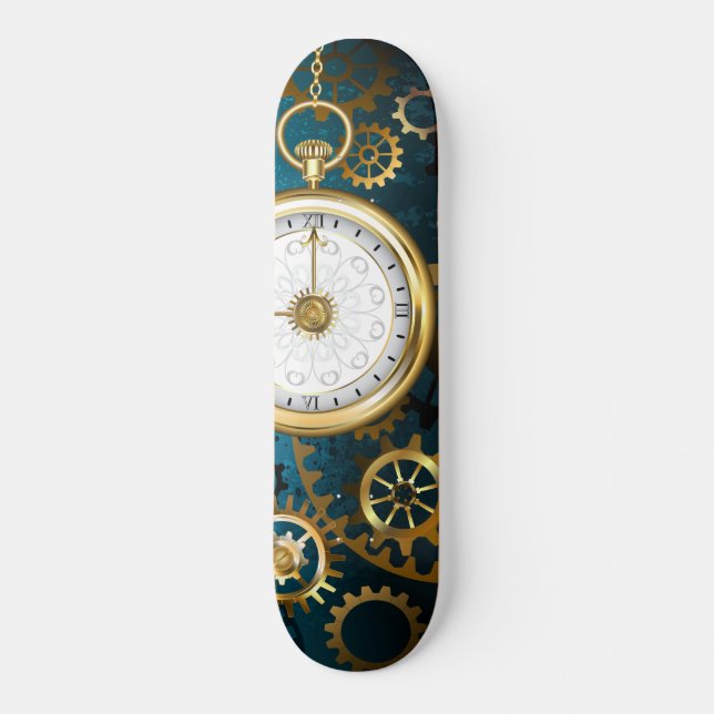 Steampunk turquoise Background with Gears Skateboard (Front)