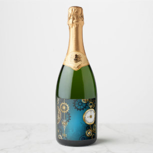 Steampunk turquoise Background with Gears Sparkling Wine Label