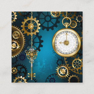 Steampunk turquoise Background with Gears Square Business Card