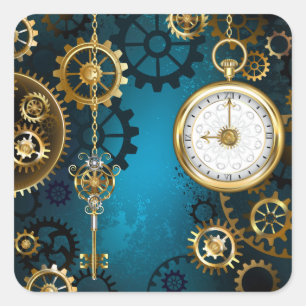 Steampunk turquoise Background with Gears Square Sticker