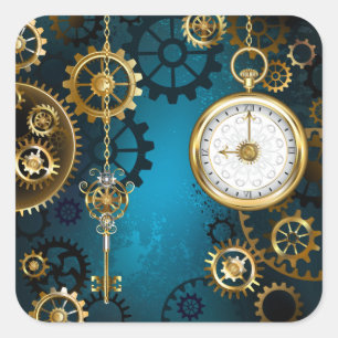 Steampunk turquoise Background with Gears Square Sticker