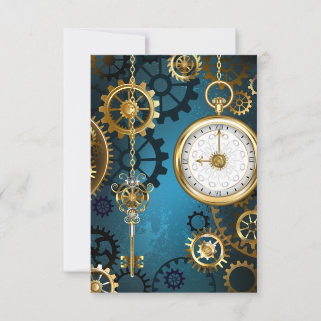 Steampunk turquoise Background with Gears Thank You Card (Front)