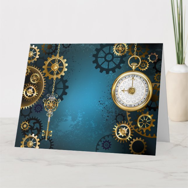 Steampunk turquoise Background with Gears Thank You Card (Front)
