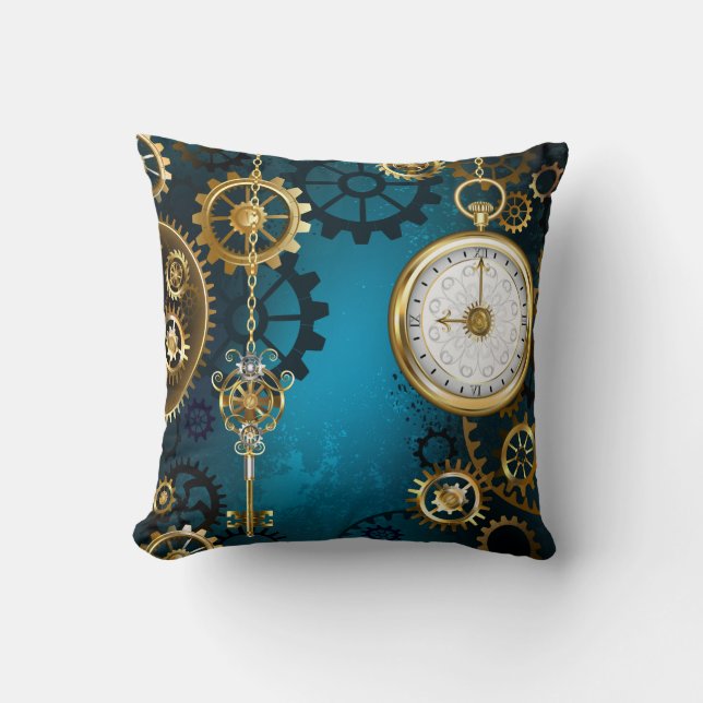 Steampunk turquoise Background with Gears Throw Pillow (Front)