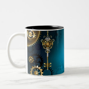 Steampunk turquoise Background with Gears Two-Tone Coffee Mug