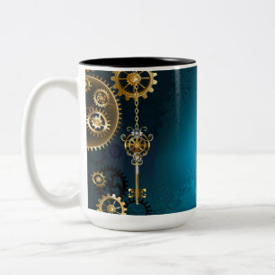Steampunk turquoise Background with Gears Two-Tone Coffee Mug