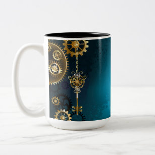 Steampunk turquoise Background with Gears Two-Tone Coffee Mug