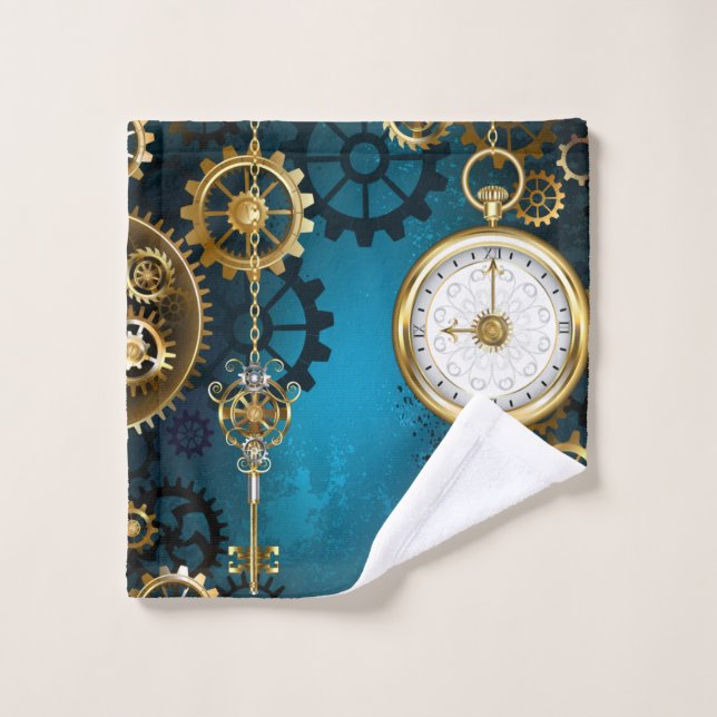 Steampunk turquoise Background with Gears Wash Cloth (Wash Cloth)