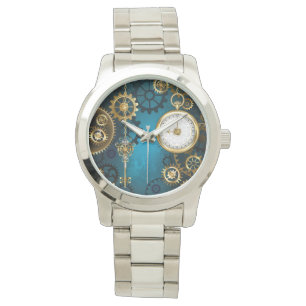 Steampunk turquoise Background with Gears Watch