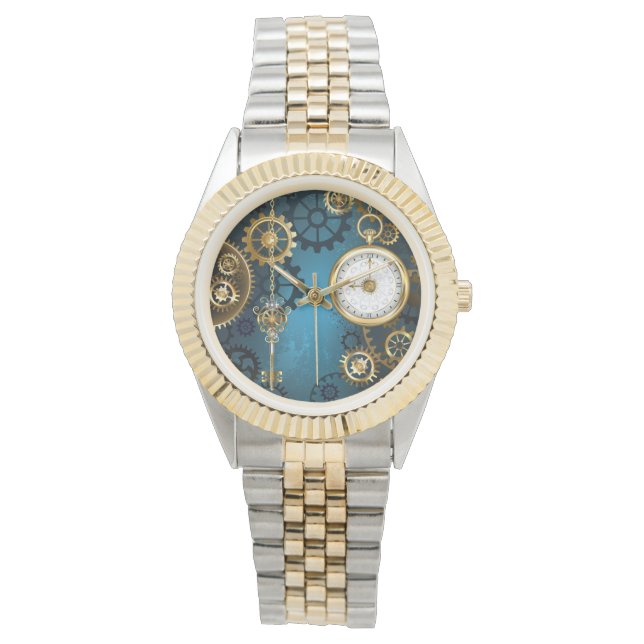 Steampunk turquoise Background with Gears Watch (Front)