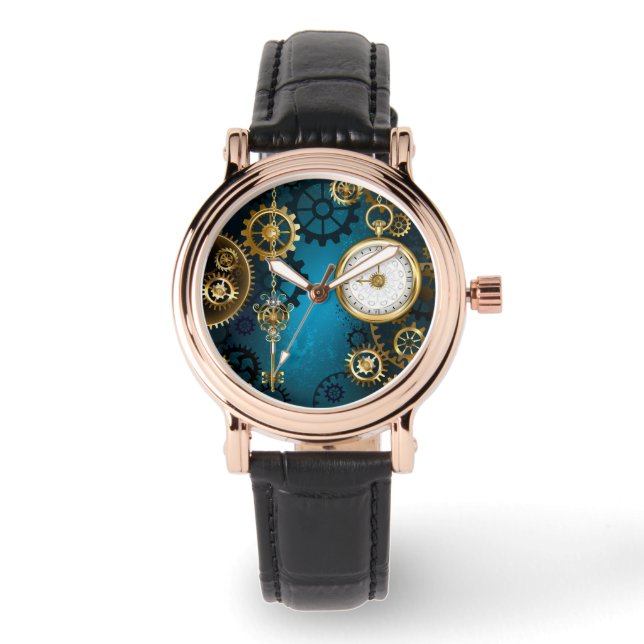 Steampunk turquoise Background with Gears Watch (Front)