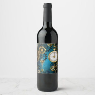 Steampunk turquoise Background with Gears Wine Label