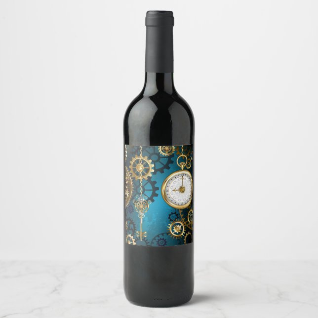 Steampunk turquoise Background with Gears Wine Label (Front)
