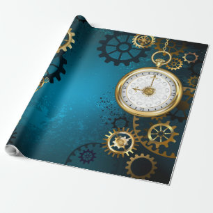 Steampunk turquoise Background with Gears Wrapping Paper
