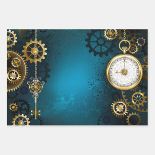 Steampunk turquoise Background with Gears Wrapping Paper Sheet