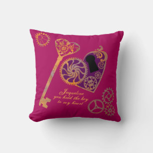 Steampunk Valentine Rusty Gears Heart Key and Lock Throw Pillow