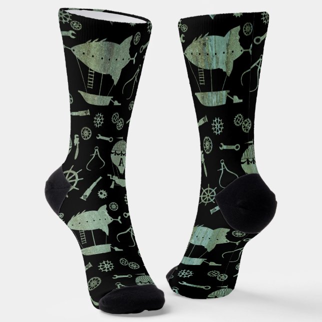 Steampunk Verdigris Airships Subtly Monogrammed Socks (Angled)