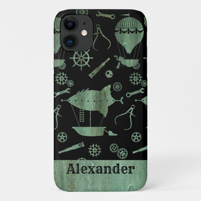 Steampunk Verdigris Airships Theme Custom Name Case-Mate iPhone Case (Back)