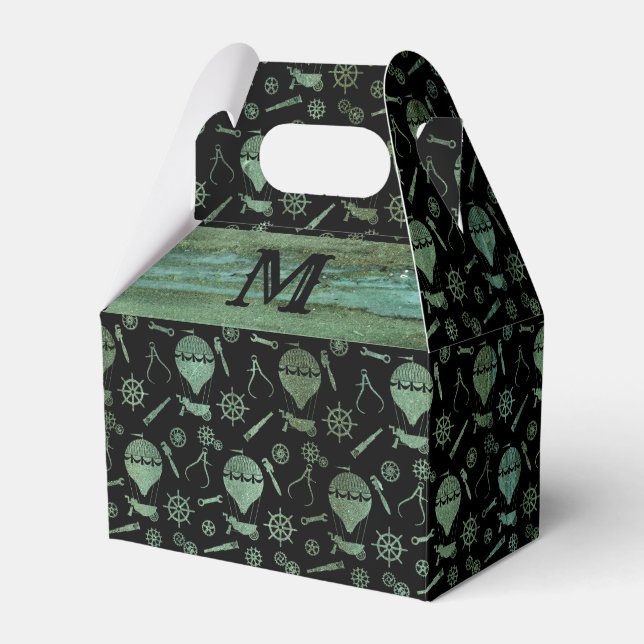 Steampunk Verdigris Balloons Monogram Gable Favor Box (Front Side)