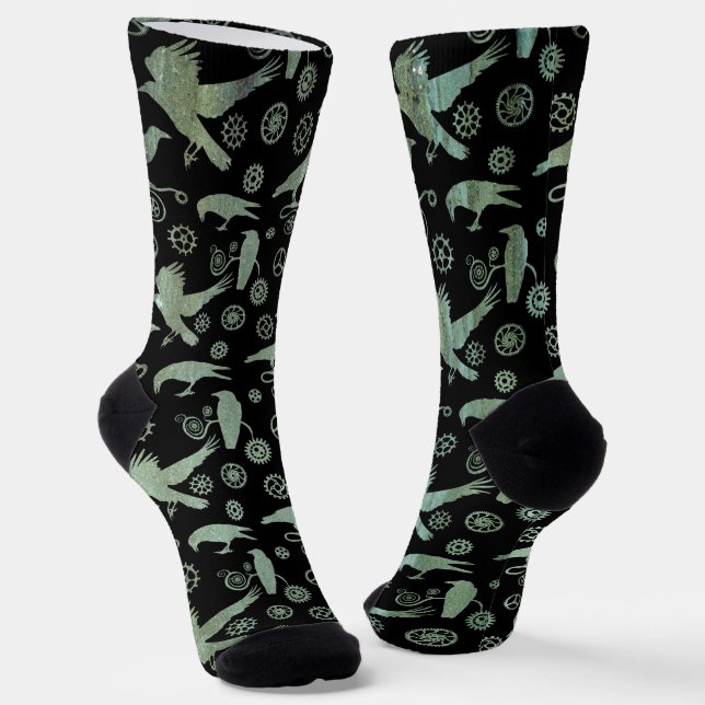 Steampunk Verdigris Bronze Crows and Gears Socks (Angled)