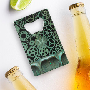 Steampunk Verdigris Bronze Gears Custom Monogram Credit Card Bottle Opener