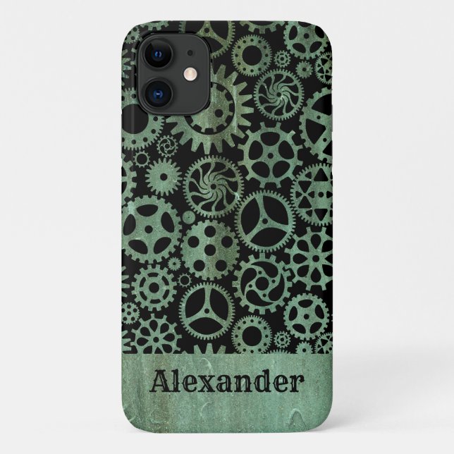 Steampunk Verdigris Bronze Gears Custom Name Case-Mate iPhone Case (Back)